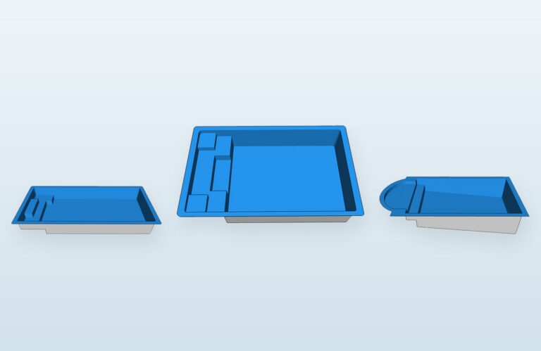 Three fibreglass pool shells from the Pool Kit Company DIY pool kit range
